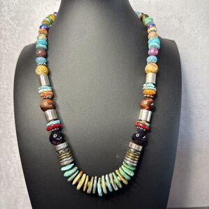 Navajo Tommy Singer Sterling Silver, Turquoise & Gemstone Beaded Necklace 21”